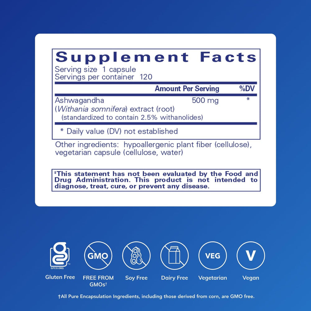 Pure Encapsulations Ashwagandha bottle back label highlights vegan GMO-free capsule formula