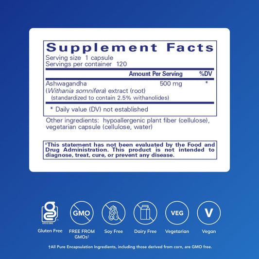 Pure Encapsulations Ashwagandha bottle back label highlights vegan GMO-free capsule formula