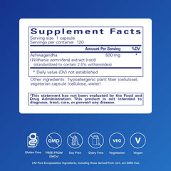 Pure Encapsulations Ashwagandha bottle back label highlights vegan GMO-free capsule formula