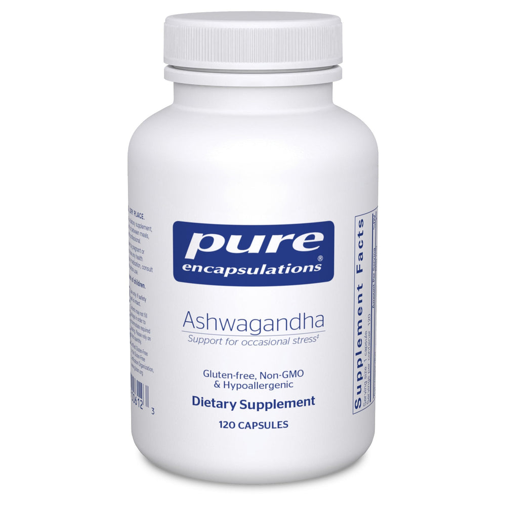 Pure Encapsulations Ashwagandha bottle front shows premium adaptogenic blend for daily wellness