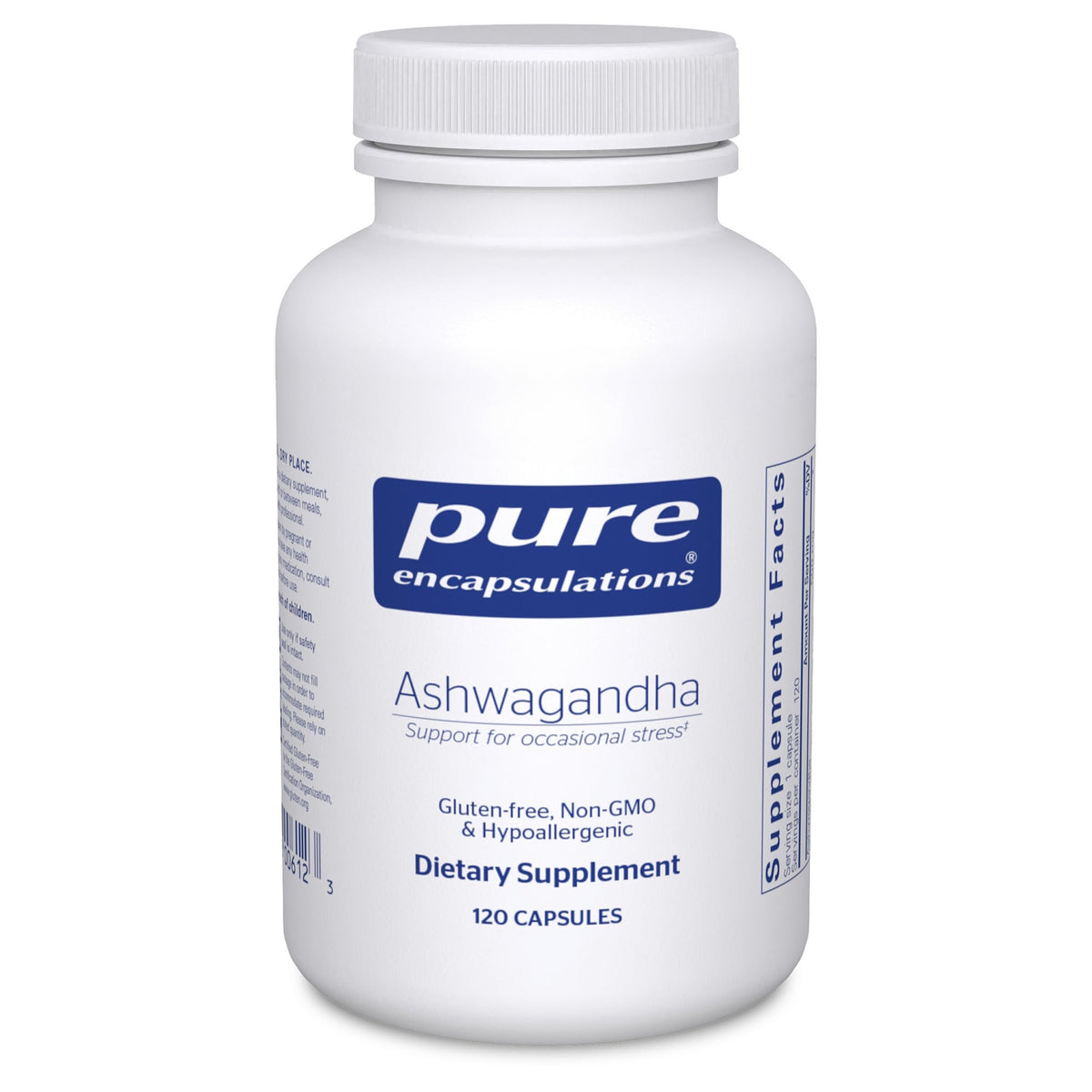 Pure Encapsulations Ashwagandha bottle front shows premium adaptogenic blend for daily wellness