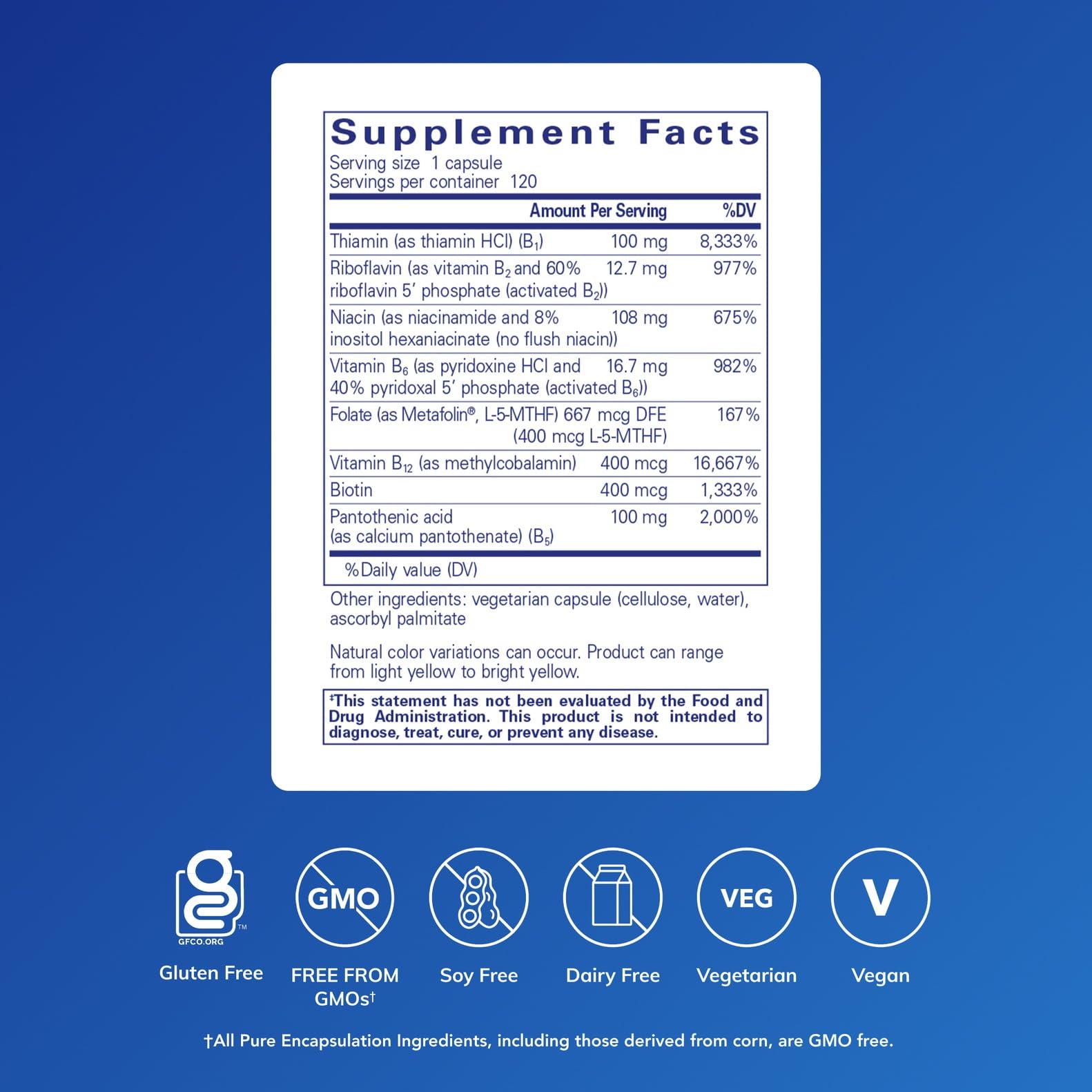 Pure Encapsulations B-Complex Plus label close-up showing methylfolate and B12 for cognitive support
