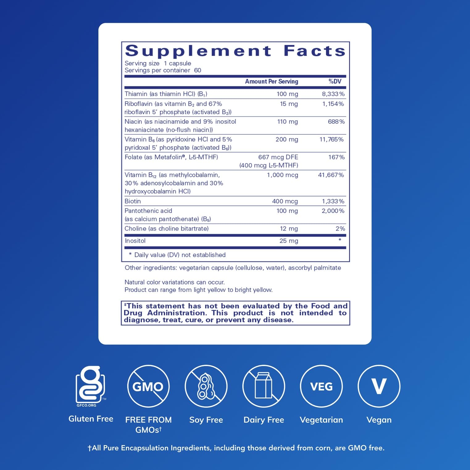 Pure Encapsulations B6 Complex bottle label close-up highlights comprehensive B vitamin blend.