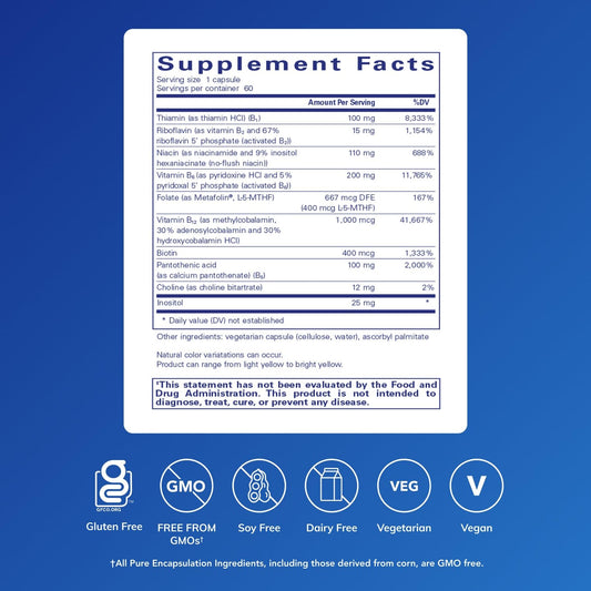 Pure Encapsulations B6 Complex bottle label close-up highlights comprehensive B vitamin blend.