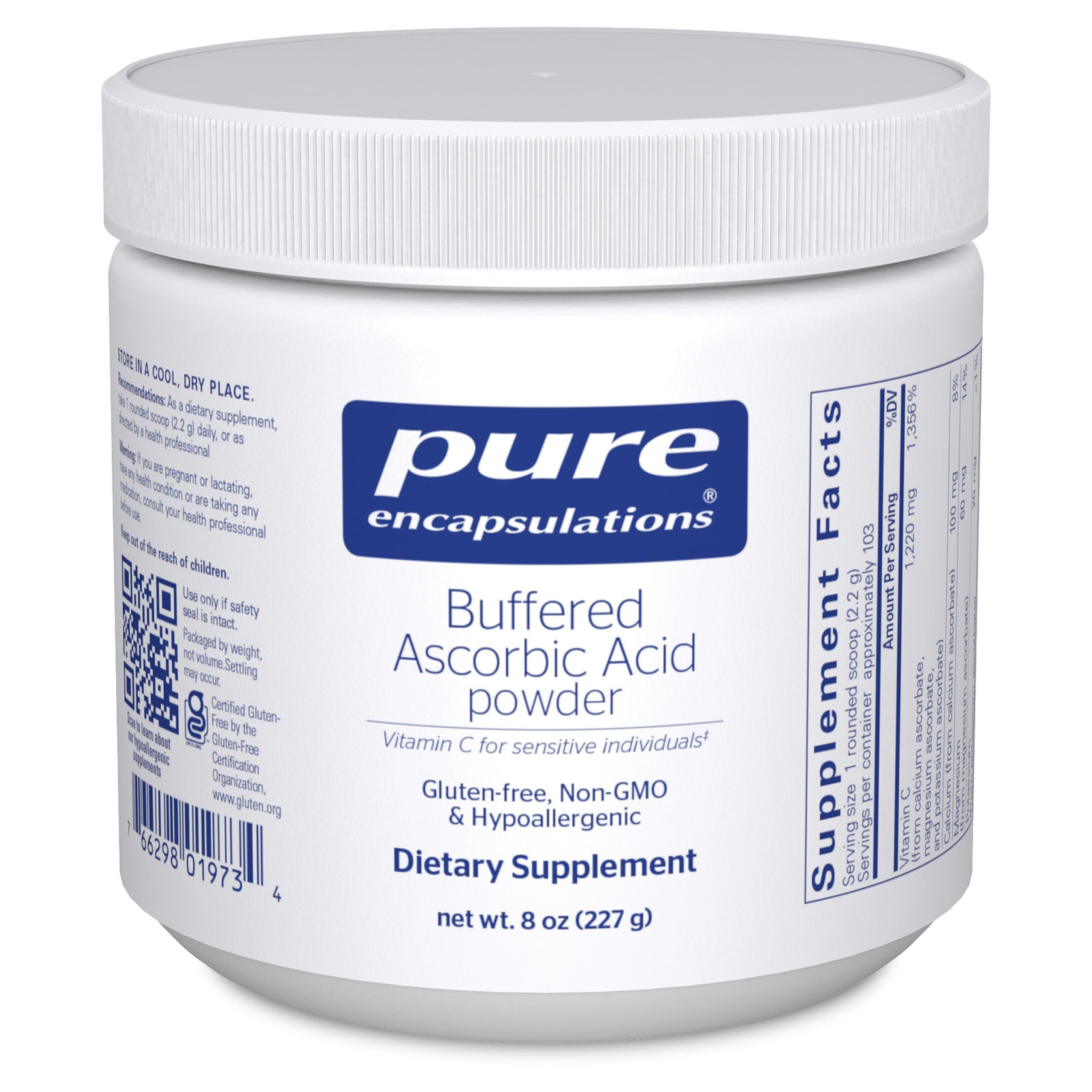 Pure Encapsulations Buffered Ascorbic Acid Powder bottle with neutral pH formula.