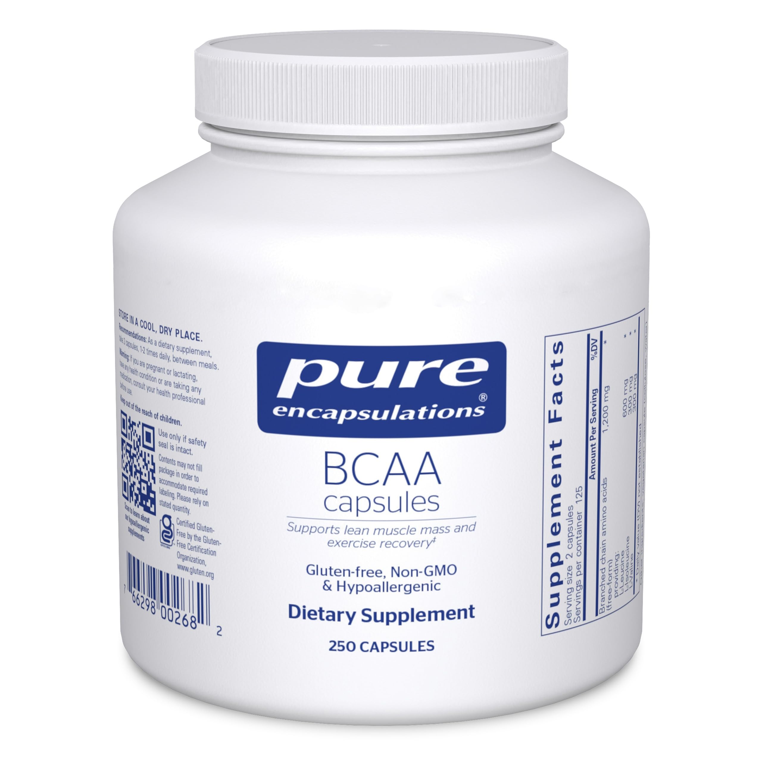 Pure Encapsulations BCAA Capsules bottle front for workout-ready nutrition.