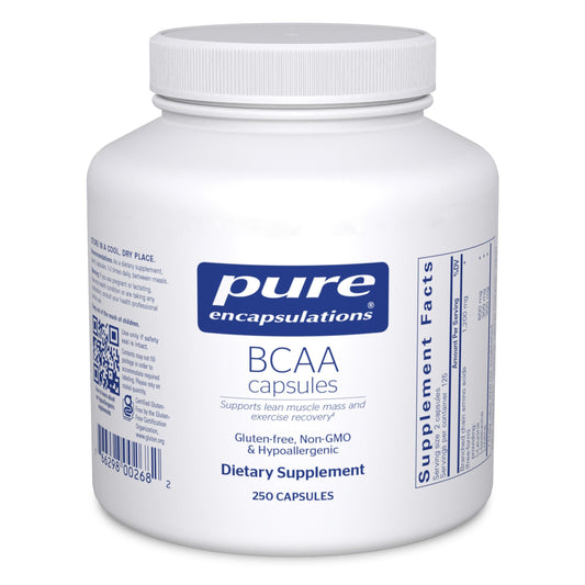 Pure Encapsulations BCAA Capsules bottle front for workout-ready nutrition.