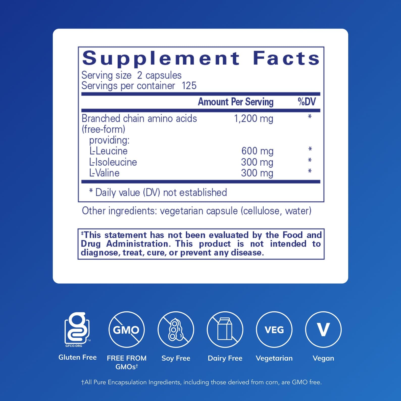 Pure Encapsulations BCAA Capsules label closeup highlighting pure ingredients.