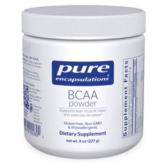 Pure Encapsulations BCAA Powder bottle showing hypoallergenic formula for workouts.