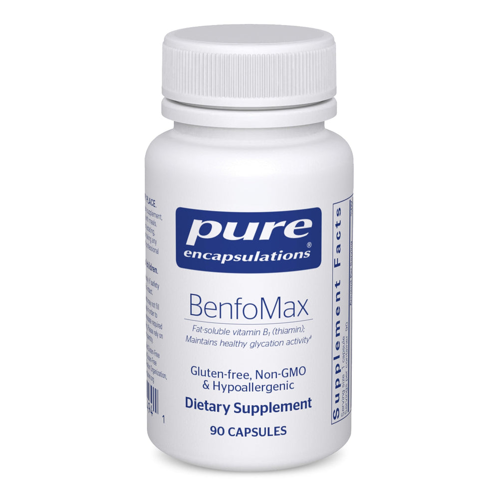 Pure Encapsulations BenfoMax 90s bottle with 200 mg benfotiamine for metabolism support.
