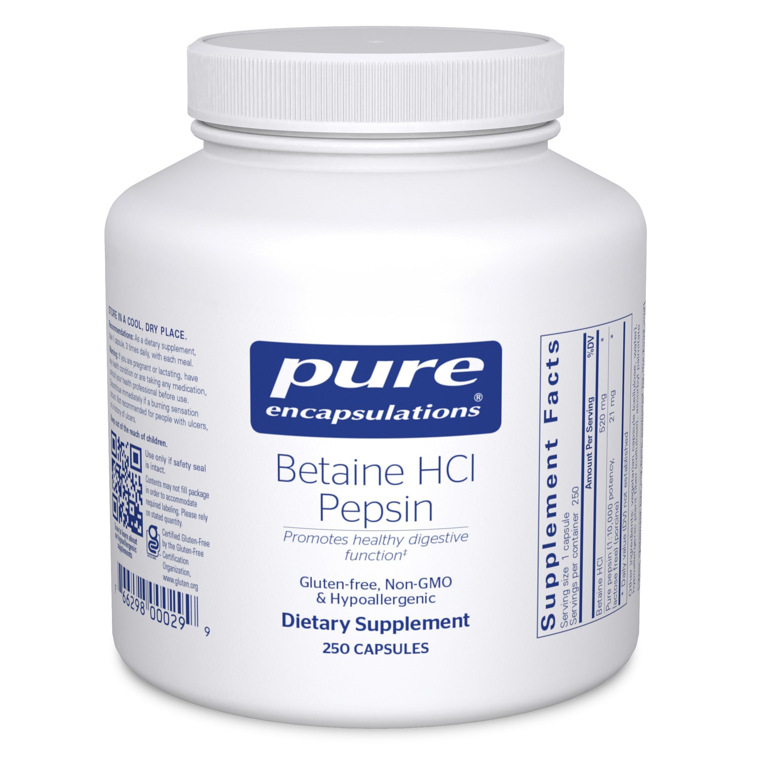Pure Encapsulations Betaine HCl Pepsin bottle label signaling digestion support