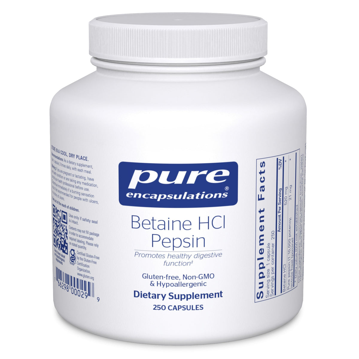 Pure Encapsulations Betaine HCl Pepsin bottle label signaling digestion support