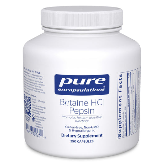 Pure Encapsulations Betaine HCl Pepsin bottle label signaling digestion support