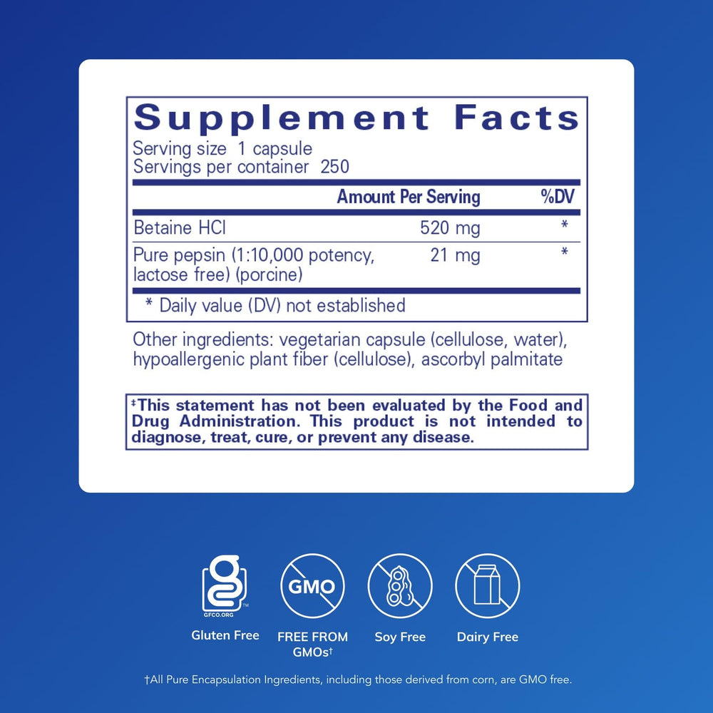 Betaine HCl Pepsin capsules closeup highlighting digestive enzyme support