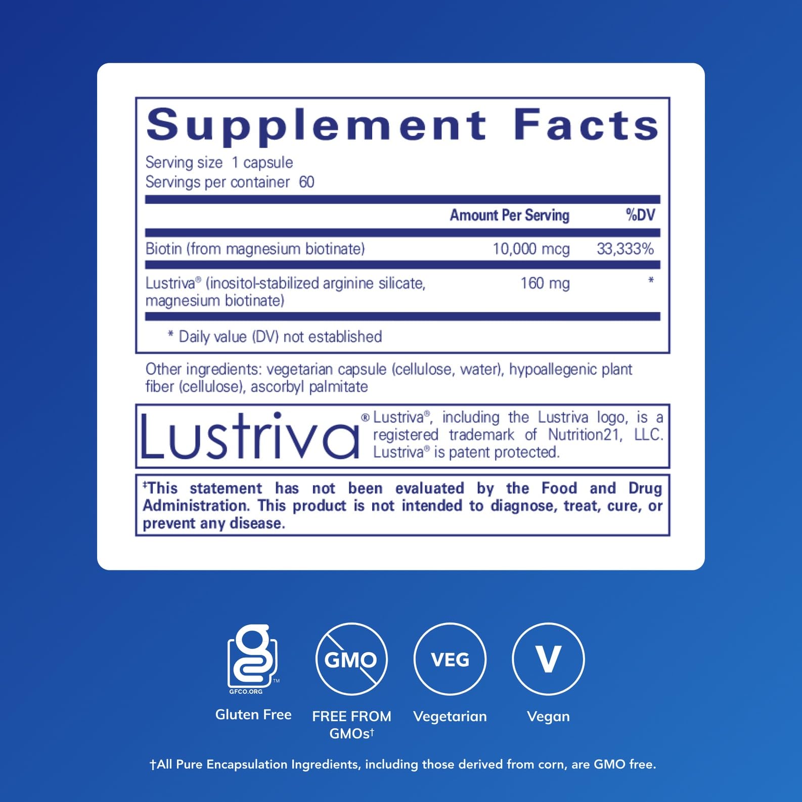 Biotin Complex packaging highlights clean labeling and allergen-free ingredients.