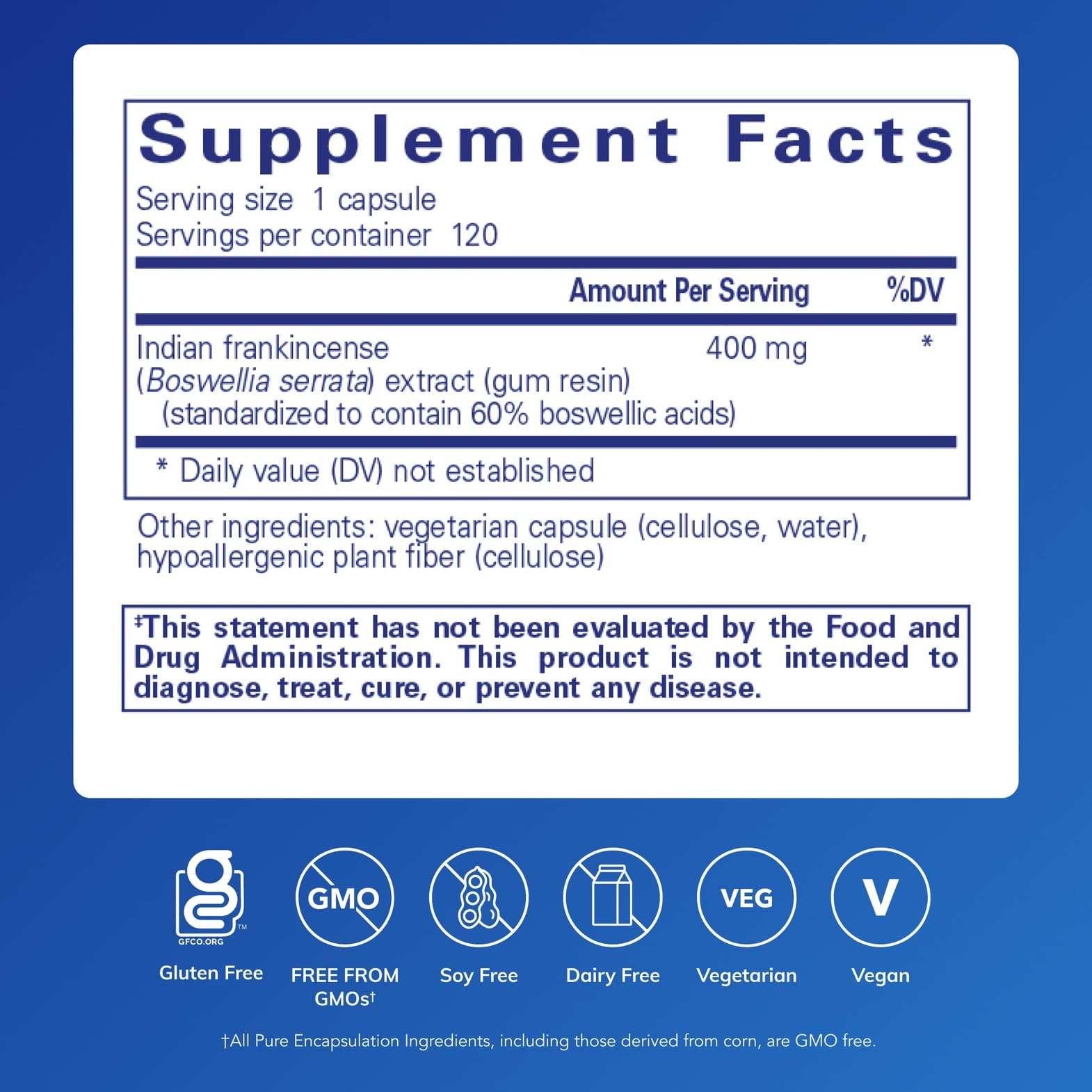 Pure Encapsulations Boswellia capsules close-up highlighting vegan non-GMO formula for digestive health.