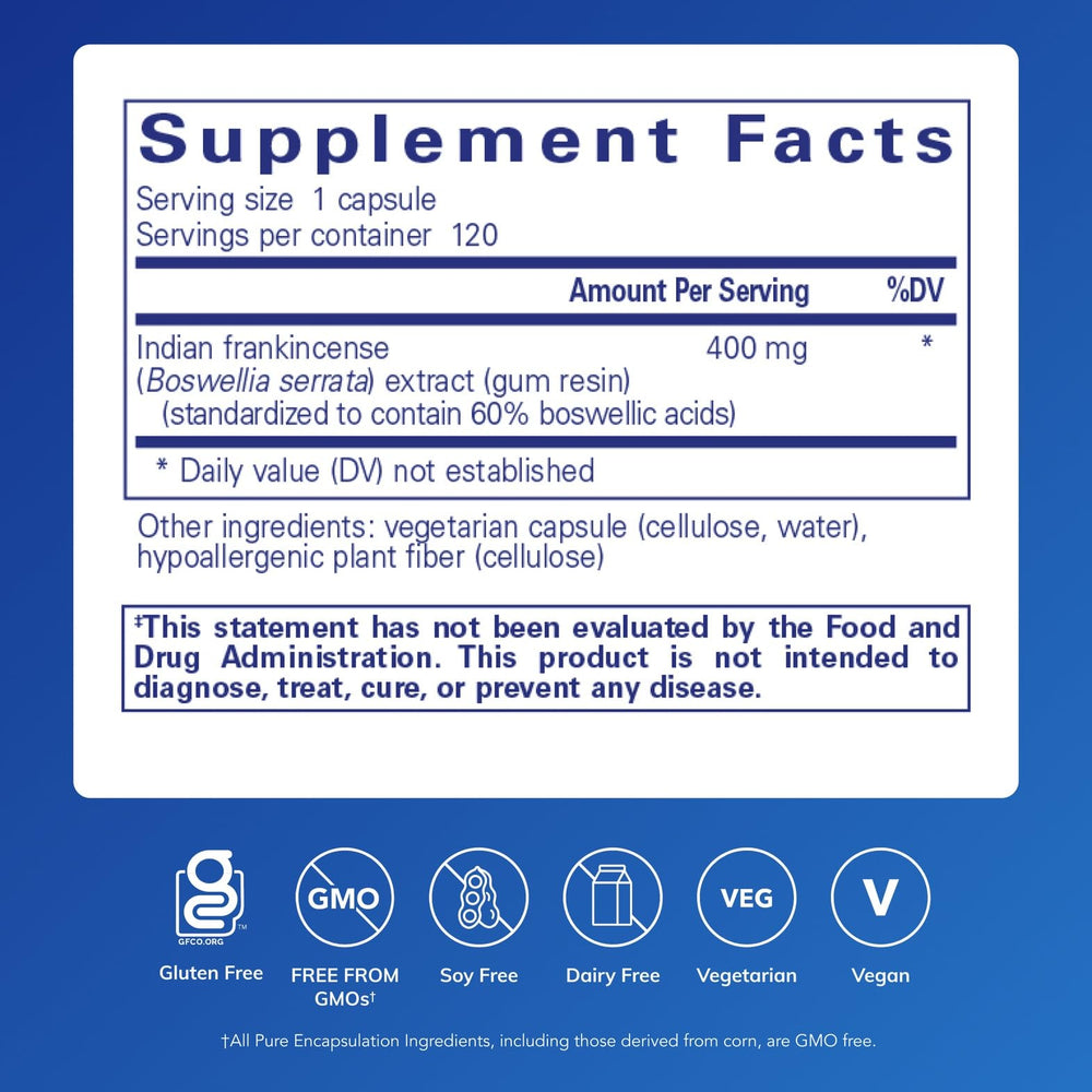 Pure Encapsulations Boswellia capsules close-up highlighting vegan non-GMO formula for digestive health.