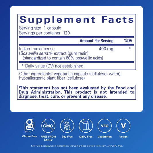 Pure Encapsulations Boswellia capsules close-up highlighting vegan non-GMO formula for digestive health.