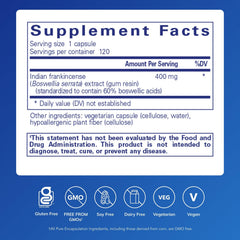 Pure Encapsulations Boswellia capsules close-up highlighting vegan non-GMO formula for digestive health.