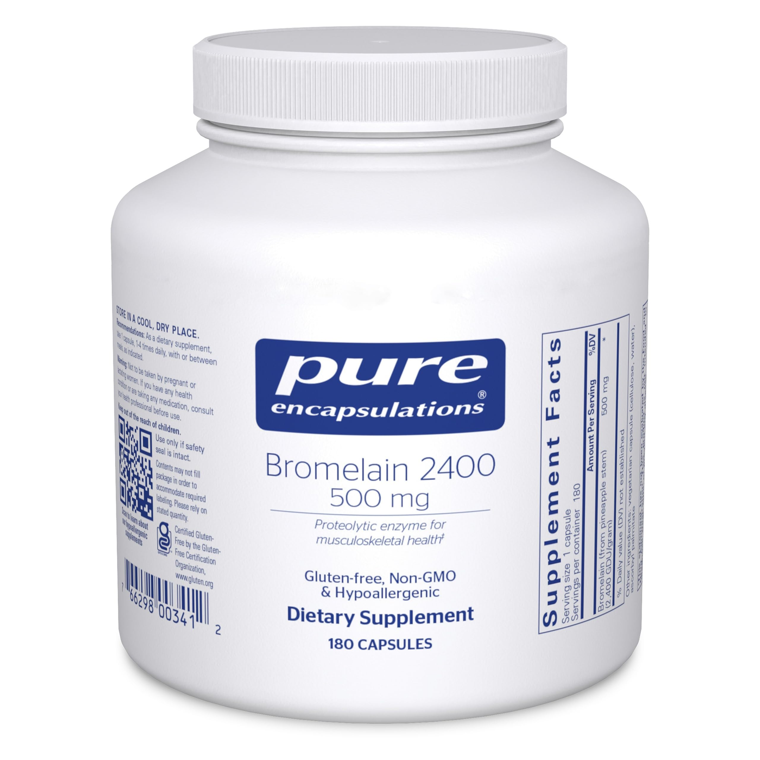 Pure Encapsulations Bromelain 2400 bottle highlights digestion support and vegan formula.