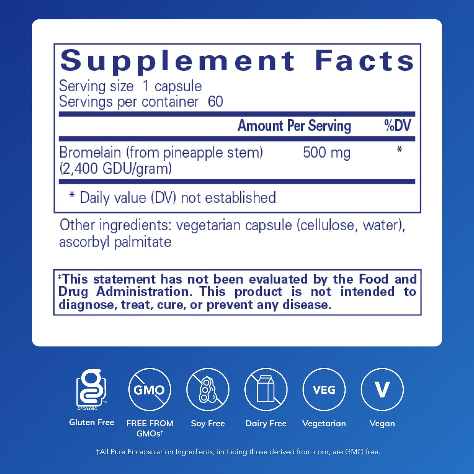 Close-up of Bromelain capsules showing vegan formula