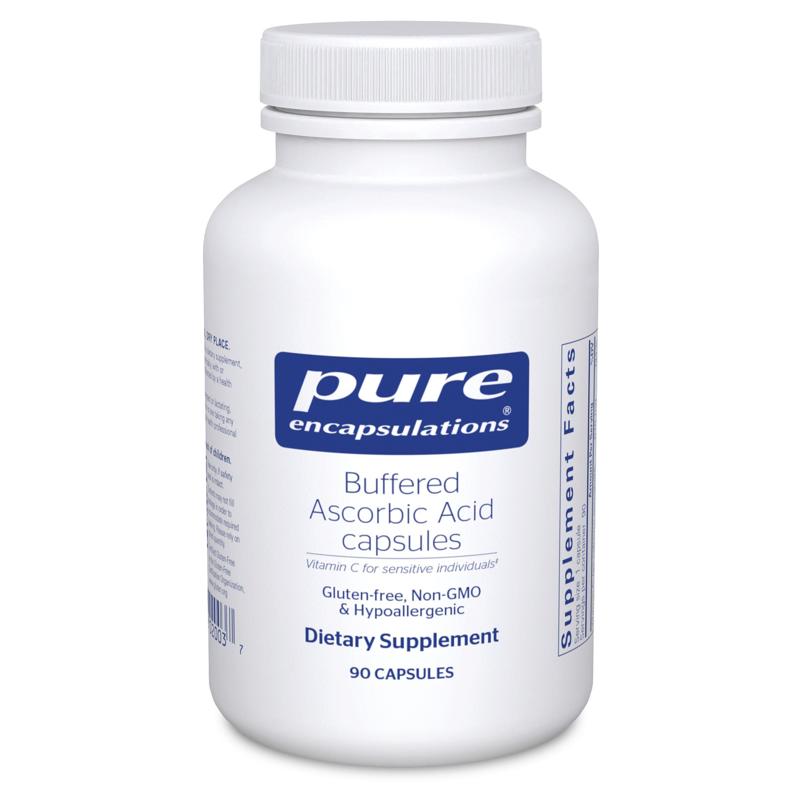Pure Encapsulations Buffered Ascorbic Acid Capsules bottle front label gentle on sensitive stomach