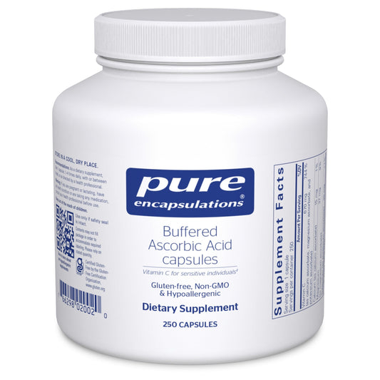 Pure Encapsulations Buffered Ascorbic Acid Capsules bottle, gentle vitamin C for sensitive stomachs.