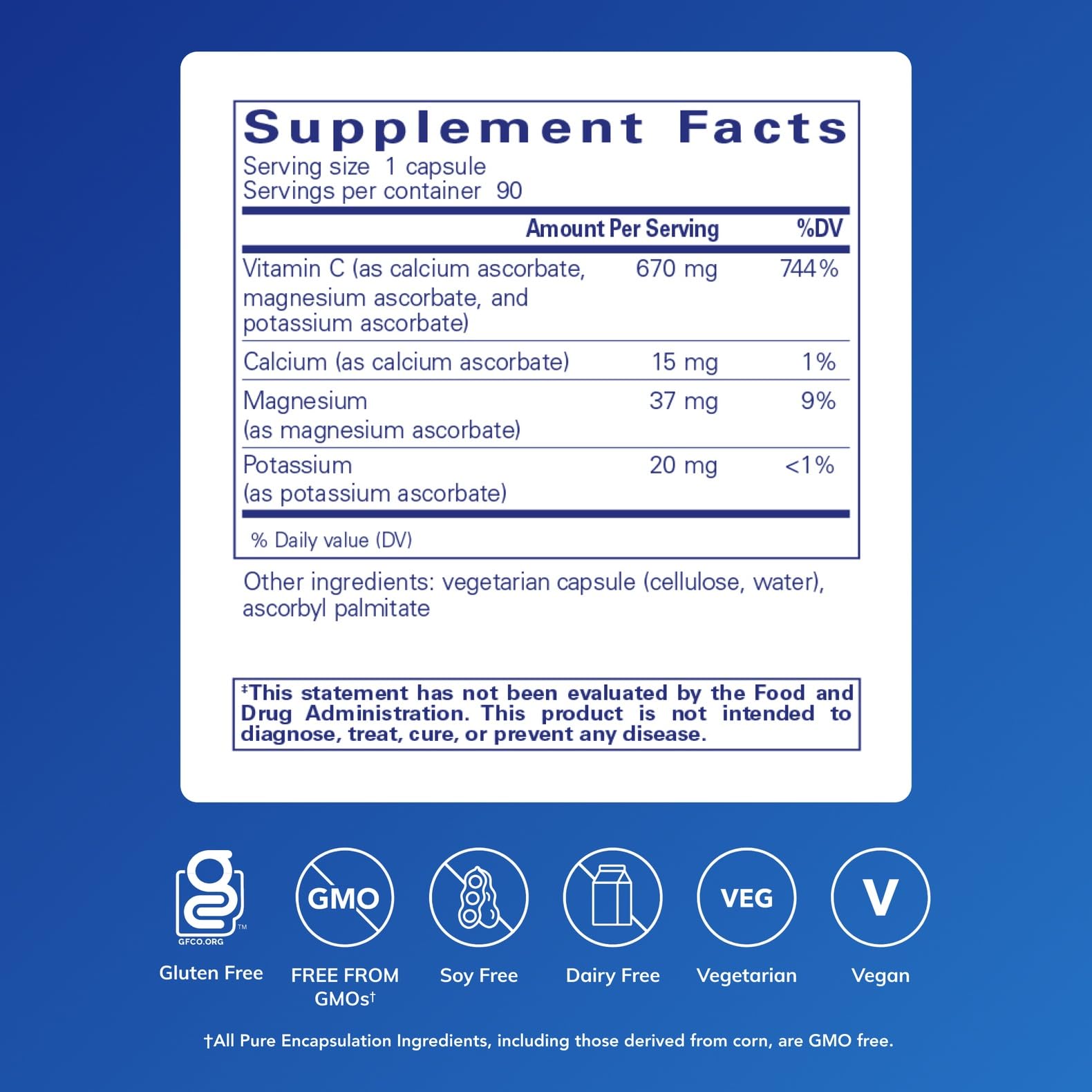Pure Encapsulations Buffered Ascorbic Acid Capsules close-up label highlights calcium magnesium potassium ascorbate