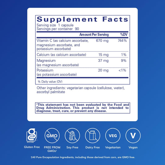 Pure Encapsulations Buffered Ascorbic Acid Capsules close-up label highlights calcium magnesium potassium ascorbate
