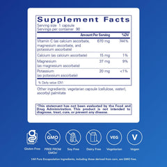 Pure Encapsulations Buffered Ascorbic Acid Capsules close-up label highlights calcium magnesium potassium ascorbate