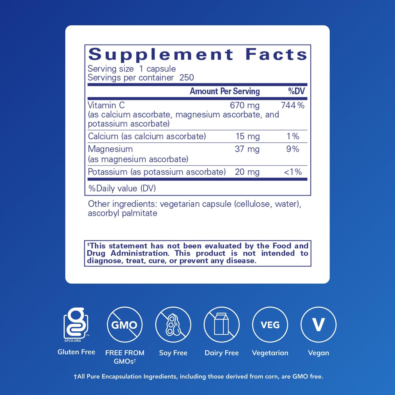 Label of Pure Encapsulations Buffered Ascorbic Acid Capsules with neutral pH formula.