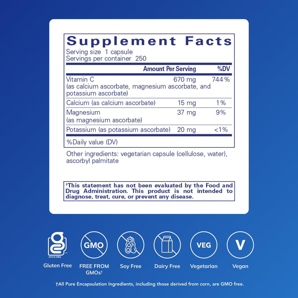 Label of Pure Encapsulations Buffered Ascorbic Acid Capsules with neutral pH formula.