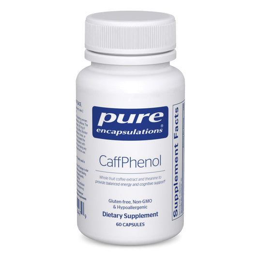 Pure Encapsulations CaffPhenol bottle showcases balanced energy support for focus.