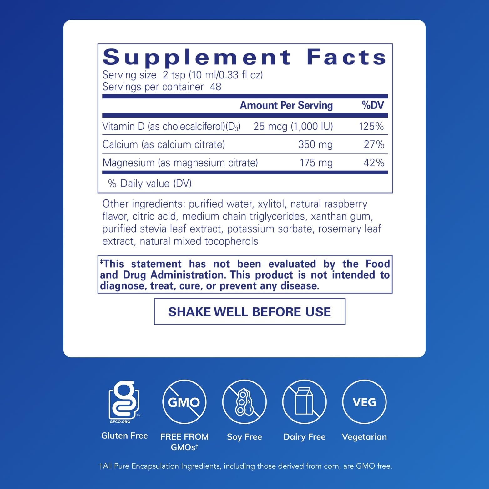 Pure Encapsulations Cal/Mag/D Liquid bottle front label highlights bioavailable minerals and D3.