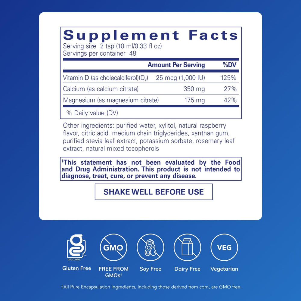 Pure Encapsulations Cal/Mag/D Liquid bottle front label highlights bioavailable minerals and D3.