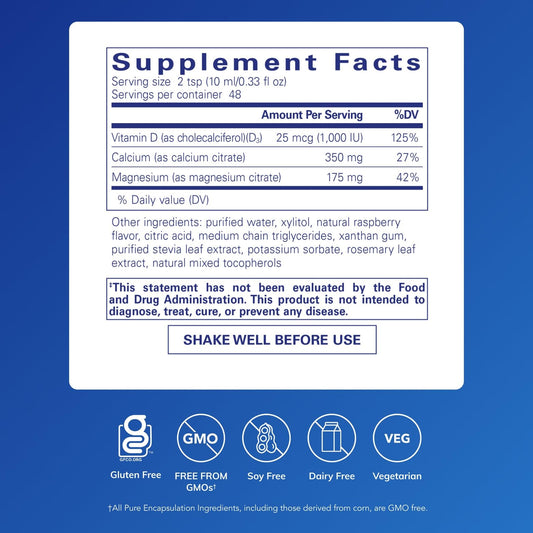Pure Encapsulations Cal/Mag/D Liquid bottle front label highlights bioavailable minerals and D3.