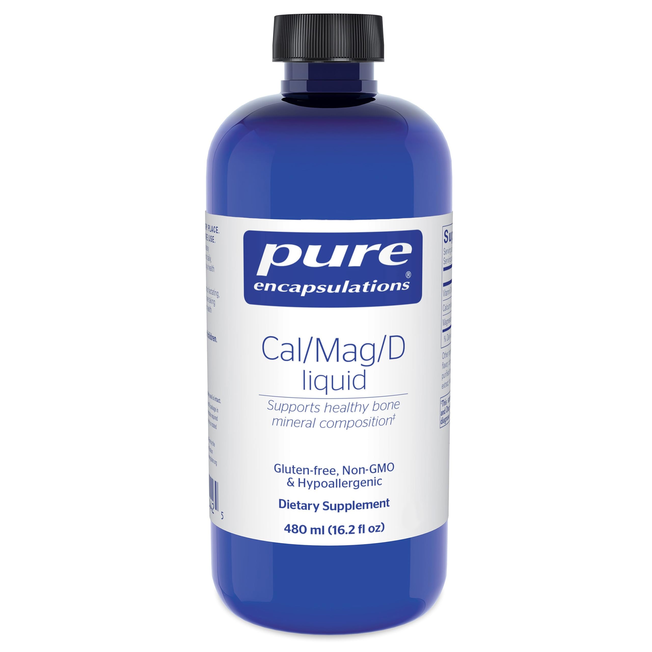 Pure Encapsulations Cal/Mag/D Liquid bottle being poured, may support calcium utilization and bone health.