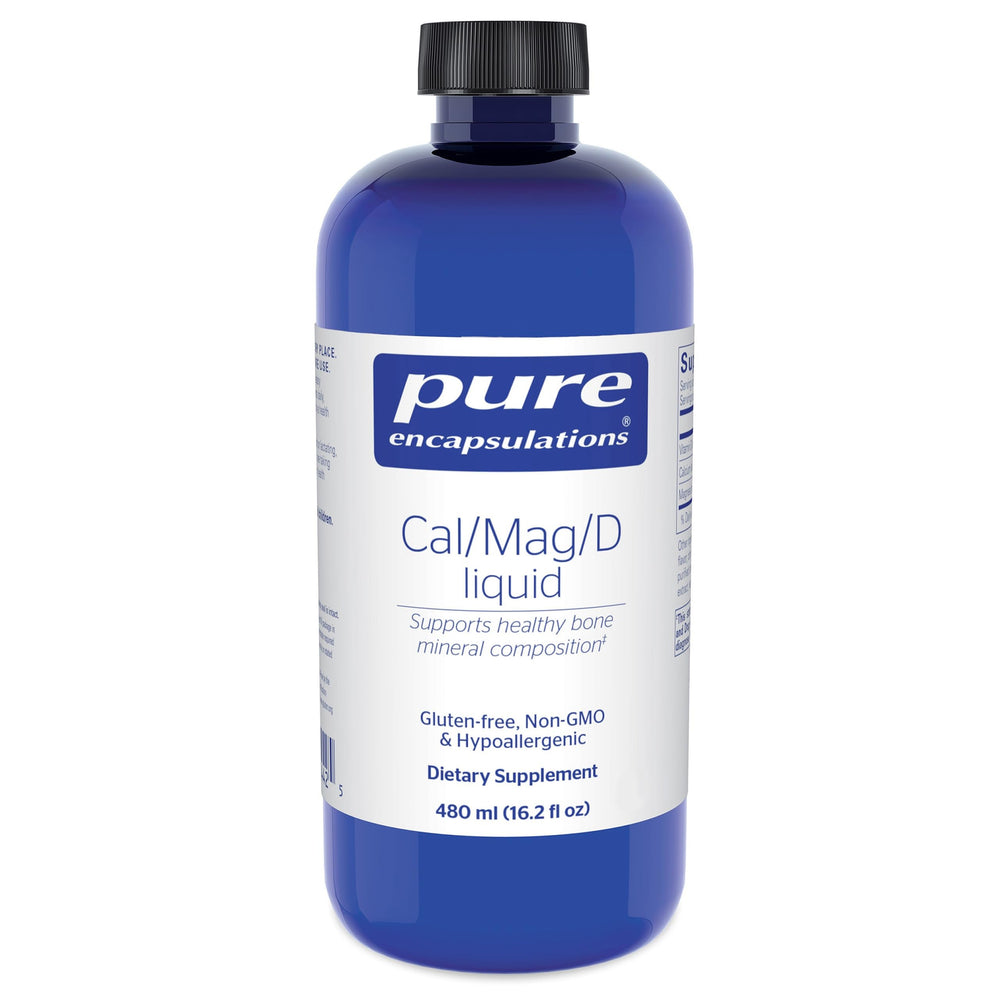 Pure Encapsulations Cal/Mag/D Liquid bottle being poured, may support calcium utilization and bone health.