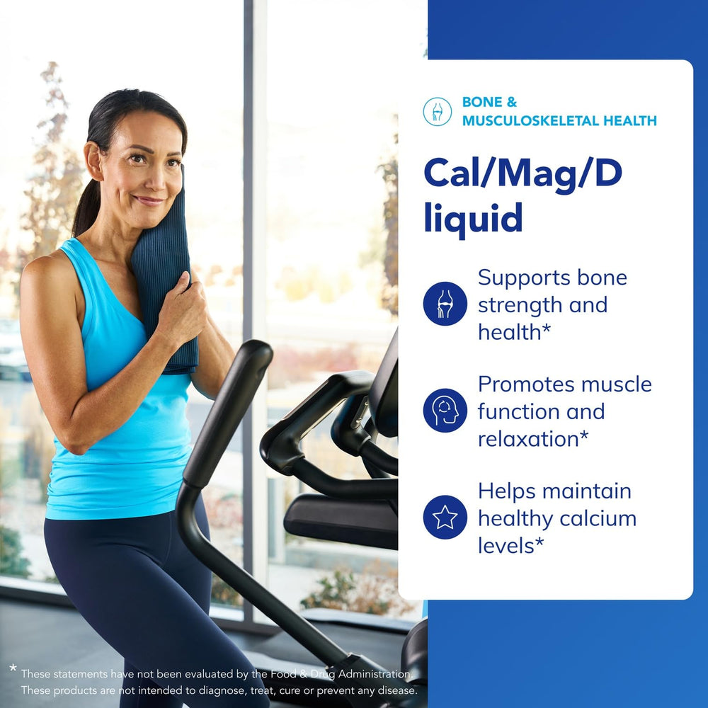Glass with Pure Encapsulations Cal/Mag/D Liquid demonstrates convenient liquid form for dosing.