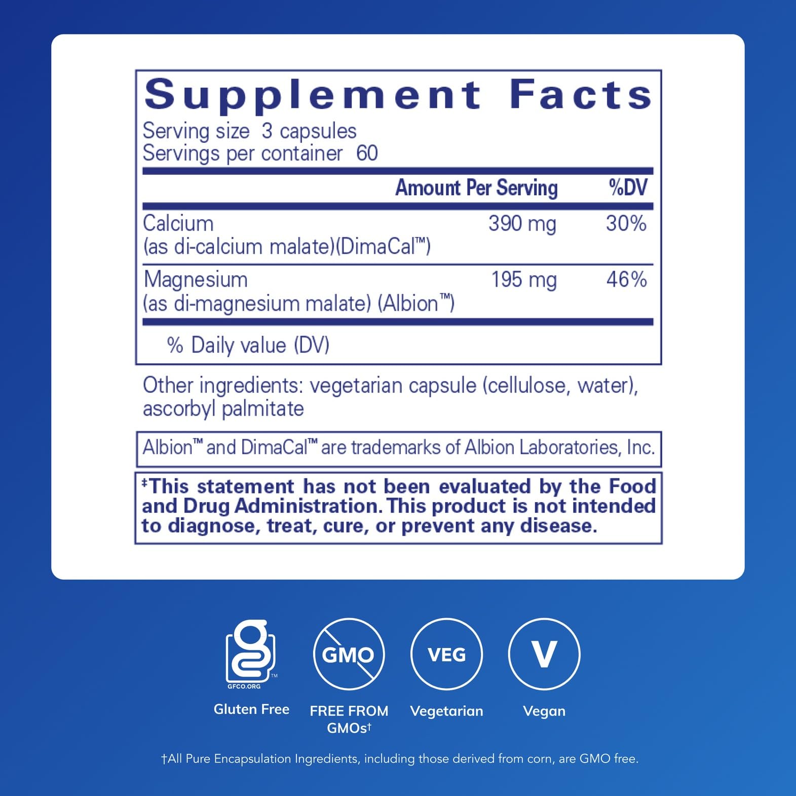 Cal/Mag Malate capsules showcasing vegan and gluten-free formula