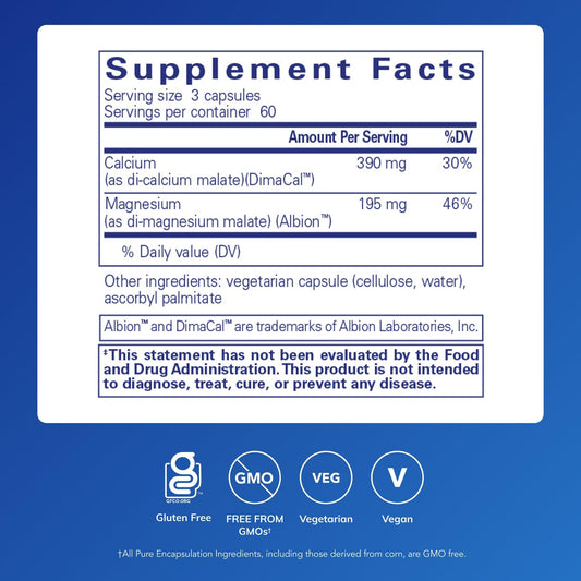 Cal/Mag Malate capsules showcasing vegan and gluten-free formula