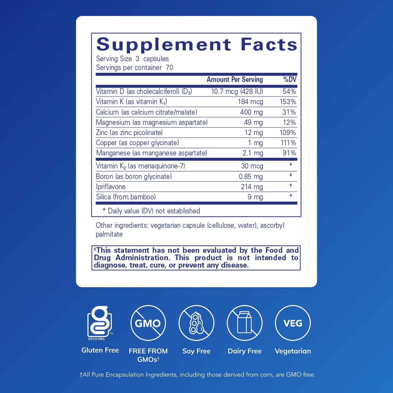 Close-up of Pure Encapsulations +Cal+ with Ipriflavon bottle cap and label.