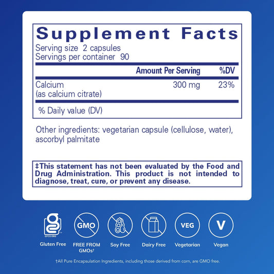 Pure Encapsulations Calcium (Citrate) bottle label close-up highlighting premium calcium citrate.