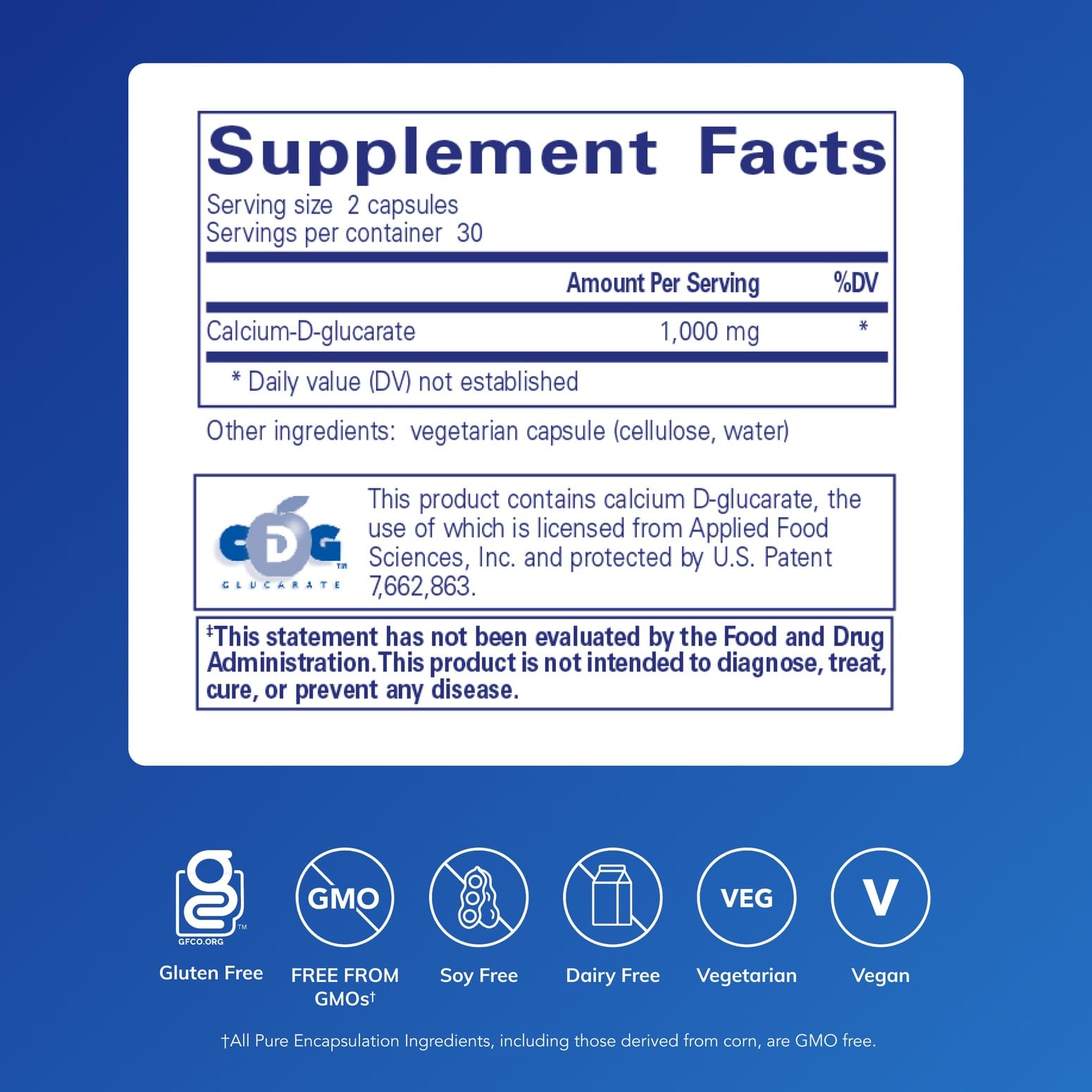 Pure Encapsulations Calcium-D-Glucarate capsules closeup highlighting purity and potency.