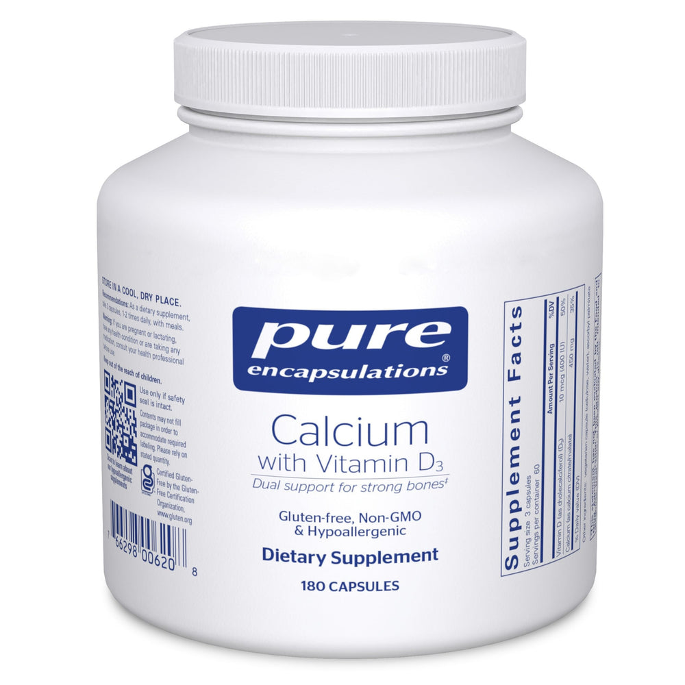 Pure Encapsulations Calcium with Vitamin D3 bottle front for daily bone support.