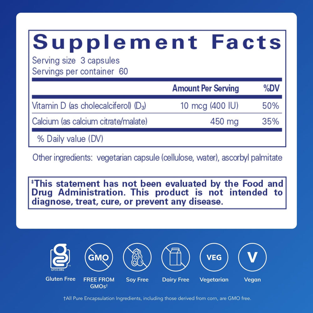 Pure Encapsulations Calcium with Vitamin D3 bottle pour showing easy daily intake.