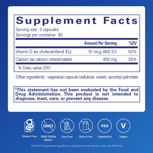 Pure Encapsulations Calcium with Vitamin D3 bottle pour showing easy daily intake.