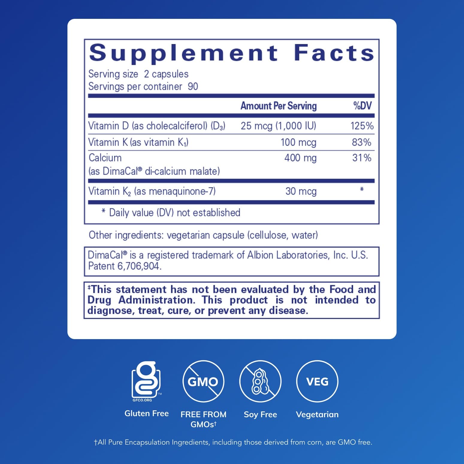 Pure Encapsulations Calcium K/D bottle back label showing ingredient profile and usage