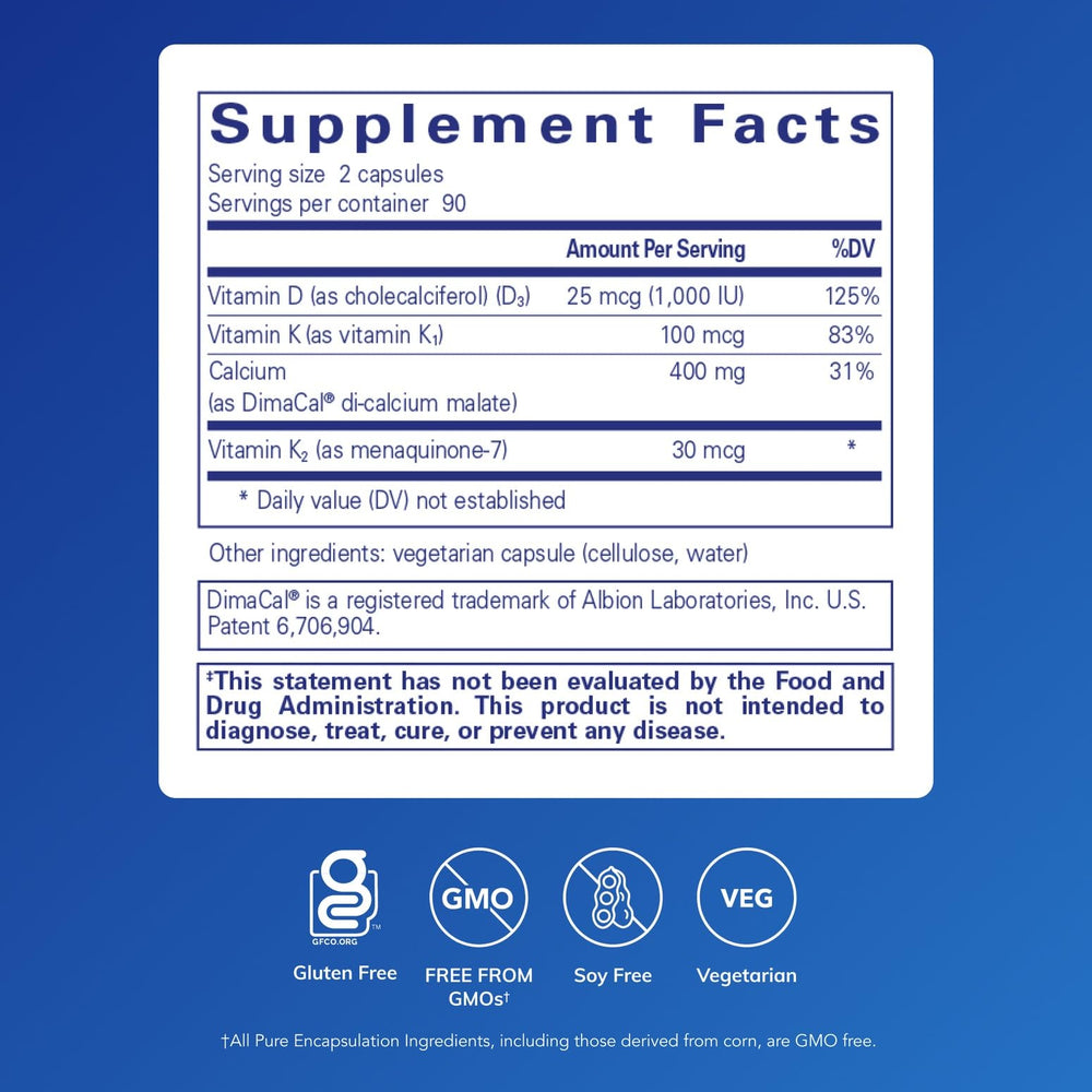 Pure Encapsulations Calcium K/D bottle back label showing ingredient profile and usage