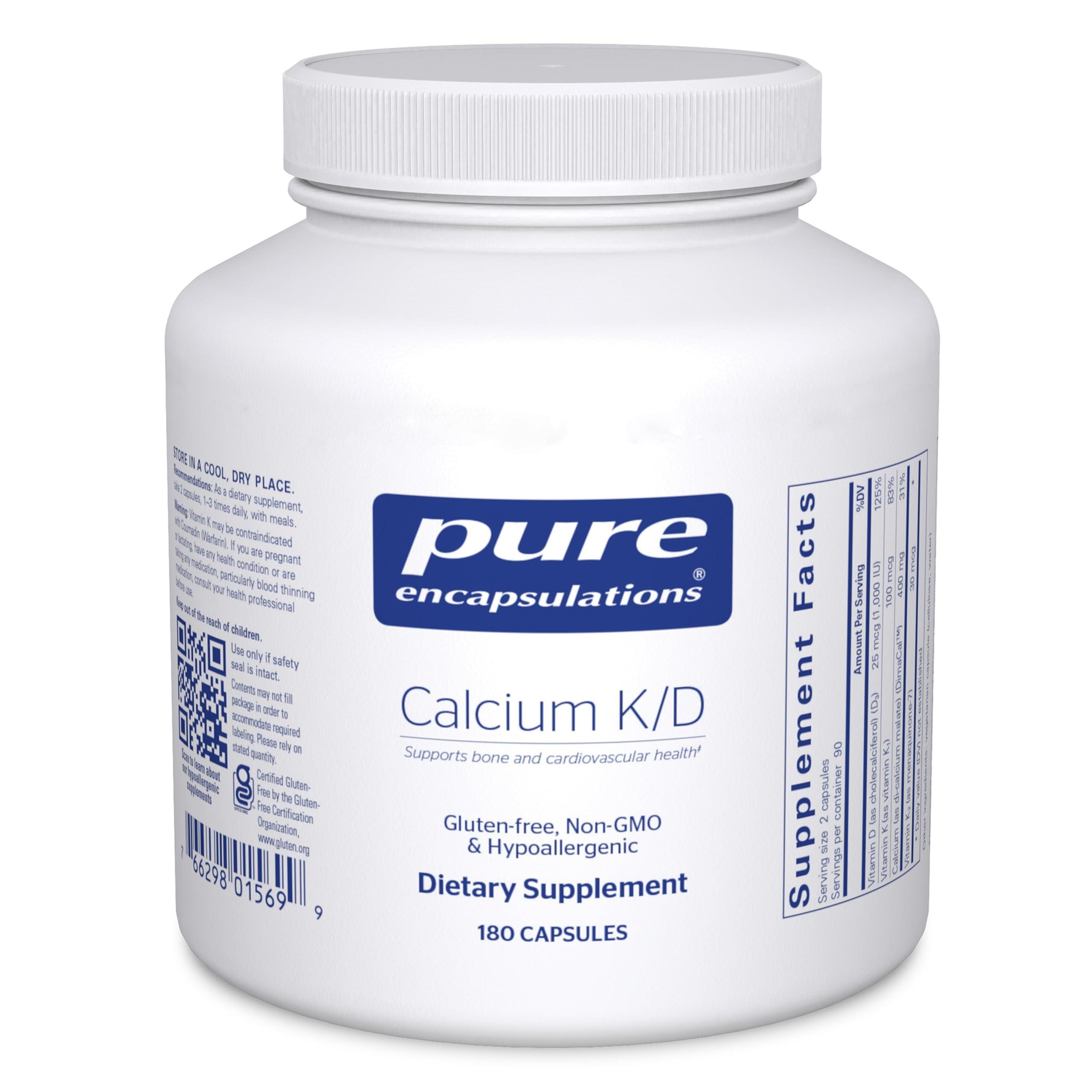 Pure Encapsulations Calcium K/D bottle front highlighting bone health support with vitamins D and K